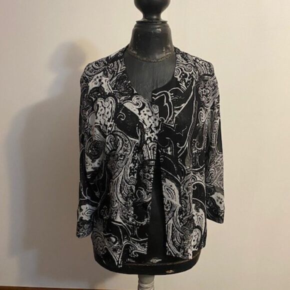 Travel Smith Black, White print open sheer cardigan, size Large - Picture 1 of 3